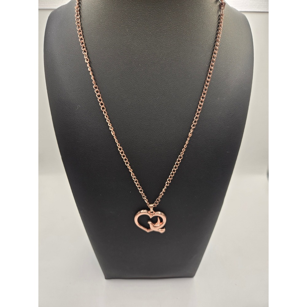Rose Gold Tone Heart and Bird Pendant Necklace 19 Inch Chain